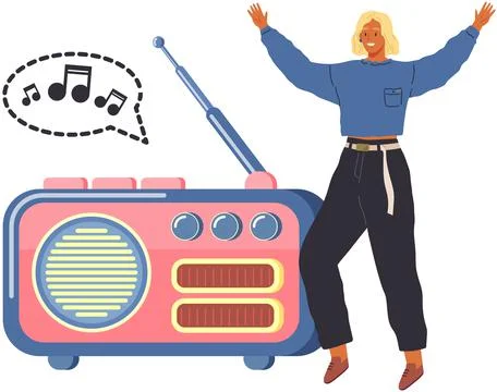 Radio recorder playing music for happy girl. Woman dancing to loud music. Female Stock Illustration