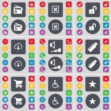 Radio, Stop, Lock, Cloud, Volume, USB, Shopping cart, Disabled person, Star icon 스톡 일러스트