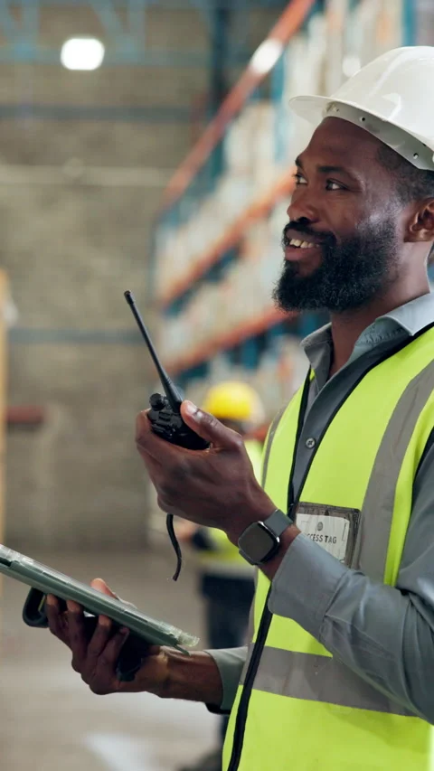 Radio, tablet and supply chain worker in warehouse for cargo, distribution or Stock Footage 340449419
