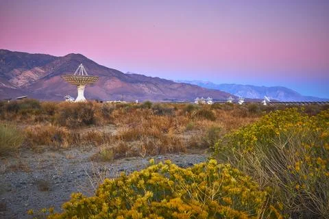 Radio Telescope Array and Sierra Nevada Mountains at Owens Valley Observatory Stock Photos