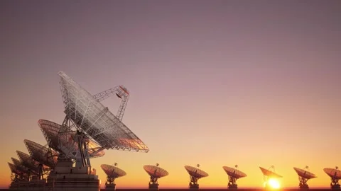 Radio Telescope Array at Dawn with Sun Rising Over Horizon Stock Footage 339071108