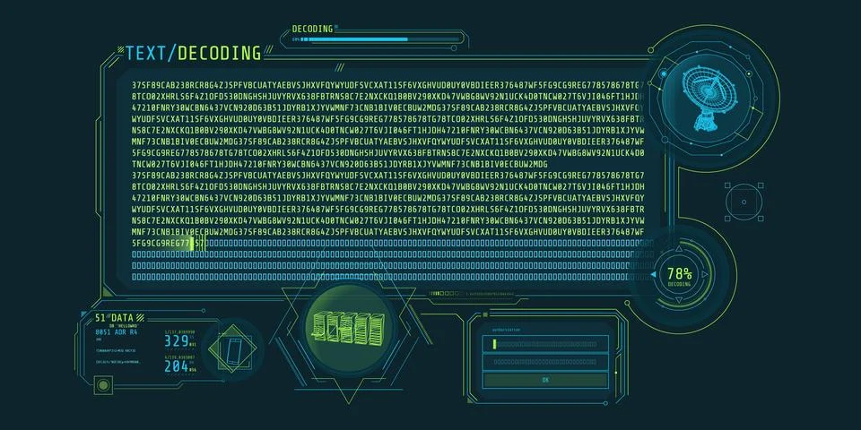 Radio telescope data processing interface with text decoding. Illustration