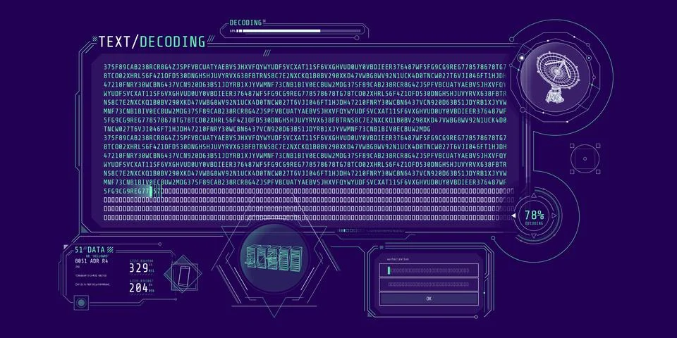 Radio telescope data processing interface with text decoding. Illustration