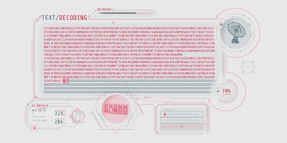 Radio telescope data processing interface with text decoding. Stock Illustration
