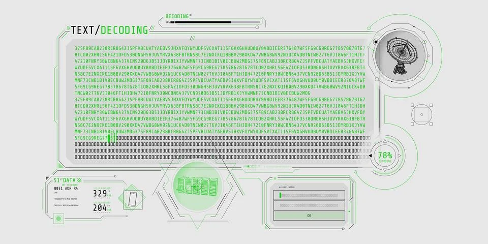 Radio telescope data processing interface with text decoding. Illustration