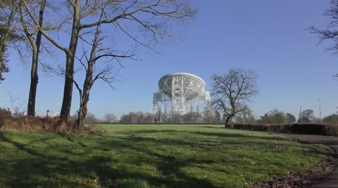 Radio telescope jodrell bank deep space blue sky. Stock Footage 65338929