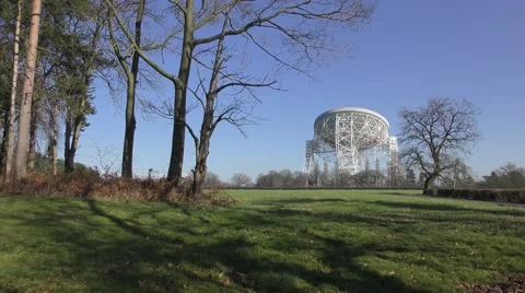 Radio telescope observatory space Jodrell Bank blue sky Stock Footage 64848856