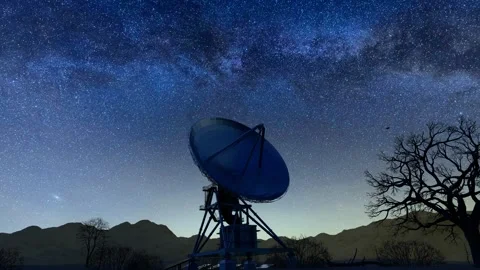Radio telescope under the starry sky and Milky Way Video stock 301534236