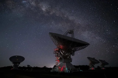 Radio Telescopes Moving in Sync  (5.5K time-lapse video) Stock Footage 86091700