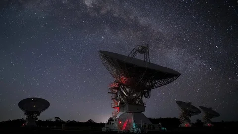 Radio Telescopes Moving in Sync as the Milky Way Setting on the Horizon Stock Footage 86090892