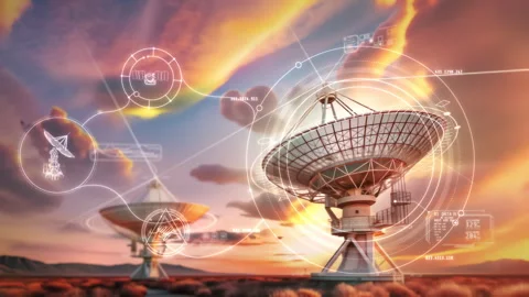 Radio telescopes at sunset with data analysis interface Stock Footage 292917658