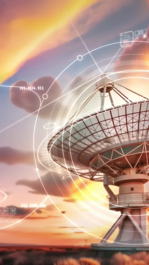 Radio telescopes at sunset with data analysis interface Stock Footage 326020501