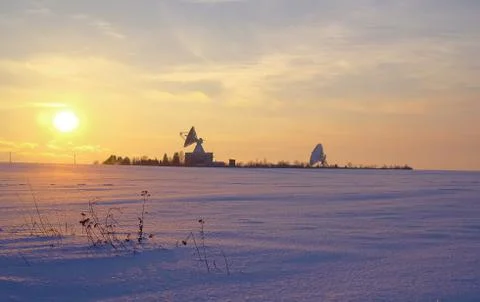 Radio telescopes at sunset Stock Photos