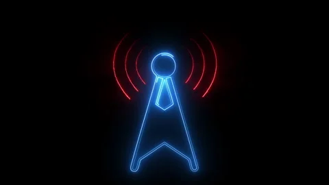 Radio tower animated neon light broadcast signal glowing blue on black back.. Stock Footage 338083973