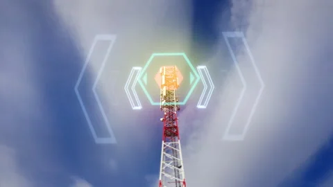 Radio tower broadcasting electromagnetic waves against blue sky. Stock Footage 282161739