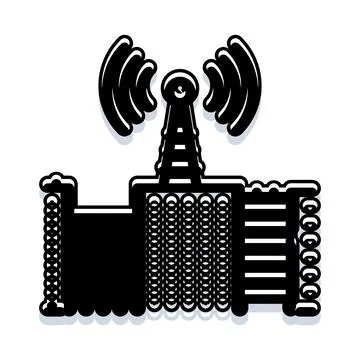 Radio tower icon transmitting wireless signals globally Stock Illustration