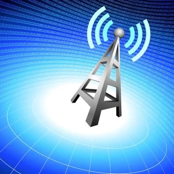 Radio tower icon waves on blue wire globe background Stock Illustration