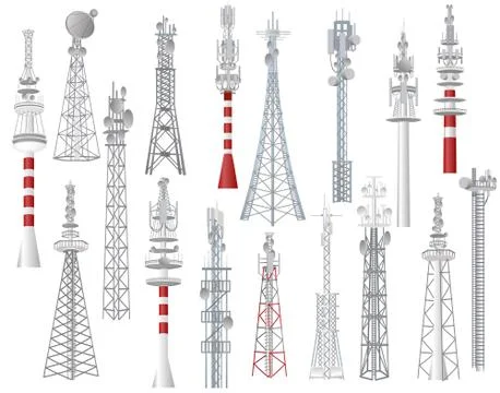 Radio tower vector towered communication technology antenna construction in city Stock Illustration