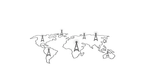 Radio waves signal with multiple network tower in neon world map Video stock 211795104