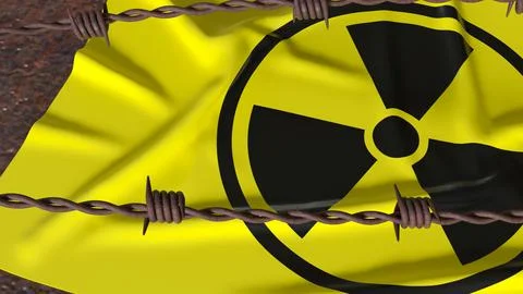 Radioactive Hazard Sign Behind Rusty Barbed Wire Fence 3d render. Ilustração Stock