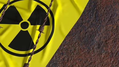 Radioactive Hazard Sign Behind Rusty Barbed Wire Fence 3d render. Ilustração Stock