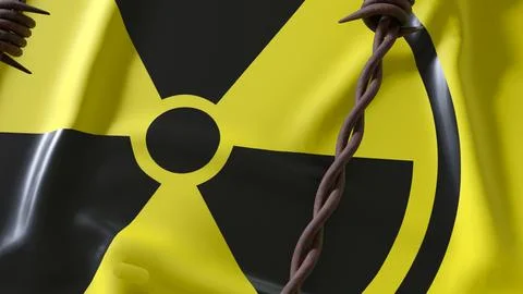 Radioactive Hazard Sign Behind Rusty Barbed Wire Fence 3d render. Ilustração Stock