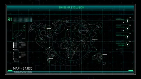 Radioactive Infection HUD Interface with World Map and Exclusion Zones Telemetry 動画素材 338433590