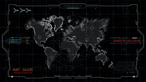 Radioactive Infection HUD World Map Interface with Nuclear Exclusion Zones Video stock 338433604