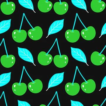 Radioactive lime cherry seamless pattern on black background Stock Illustration