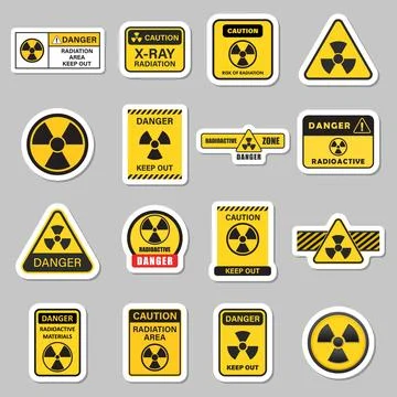 Radioactive material warning sticker icon set collection in flat style. Rad.. Stock Illustration