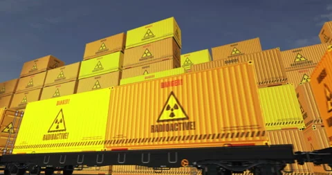Radioactive nuclear waste containers on cargo train wagons loop Stock Footage 281164786