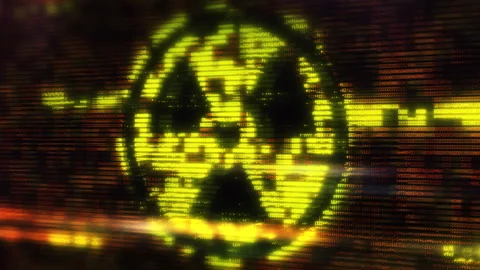 Radioactive symbol emerging from digital rain, representing nuclear danger Stock Footage 308434813