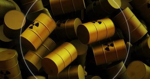 Radioactive symbol glowing over yellow barrels with hazard signs in animation Stock Footage 303869725