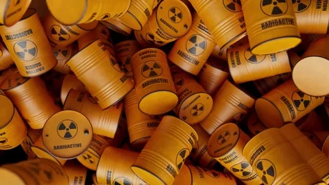 Radioactive waste barrels falling and accumulating Stock Footage 315988941