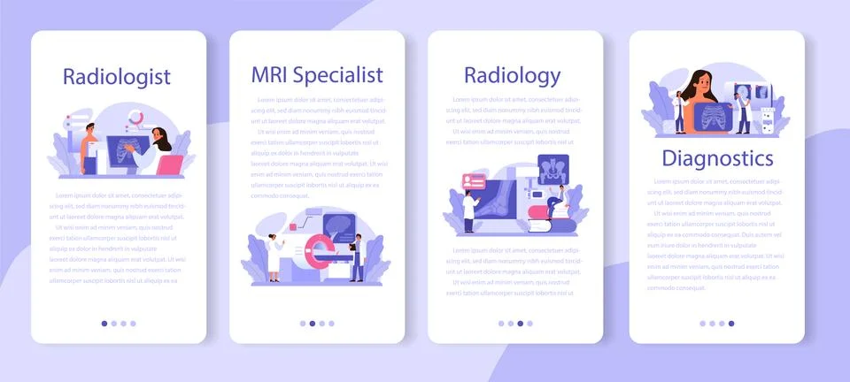 Radiologist mobile application banner set. Doctor examing X-ray image Stock Illustration