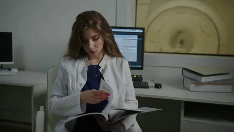 Radiologist sits at the table and studies the patient's case Stock Footage 208006137