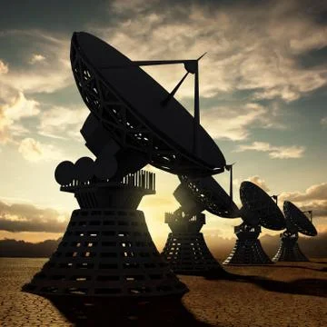 Radiotelescopes silhouette at sunset Stock Illustration