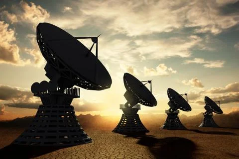 Radiotelescopes silouette at sunset Stock Illustration