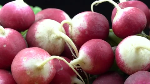 Radish harvest close up on a black background. 스톡 동영상 201251645