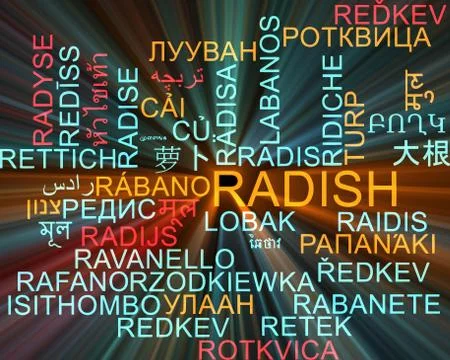 Radish multilanguage wordcloud background concept glowing Illustrazione stock