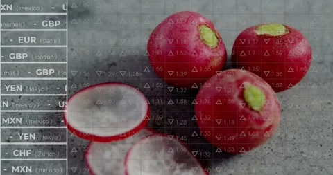 Radishes resting on gray table while FX ticker updating values and toggling Stock Footage 333962627