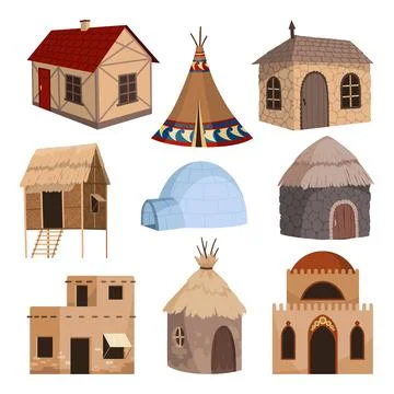 Raditional building icon set. Authentic cartoon rural home vector illustration Stock Illustration