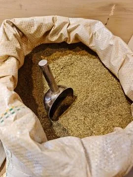 Raditional yerba mate leaves in bulk at a local South American market. Stock Photos