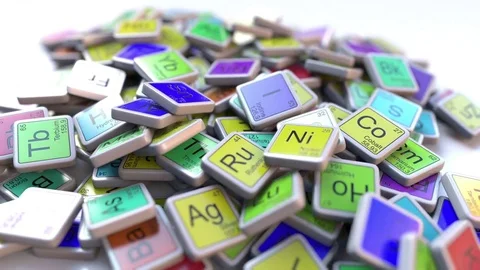 Radon Rn block on the pile of periodic table of the chemical elements blocks Stock Footage 80708486