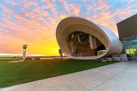 Rady Shell and Jacobs Park Under a Fiery Sunset Stock Photos