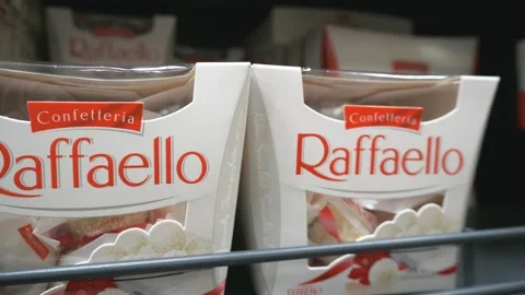 Raffaello sweets. Boxes of sweets on a store shelf Stock-Footage 262363173
