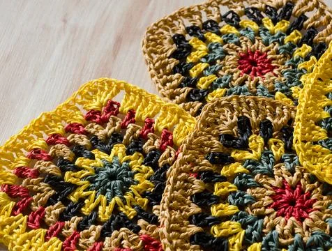 Raffia knitting texture close-up. Knitting from ECO material. Colorful raff.. Stock Photos