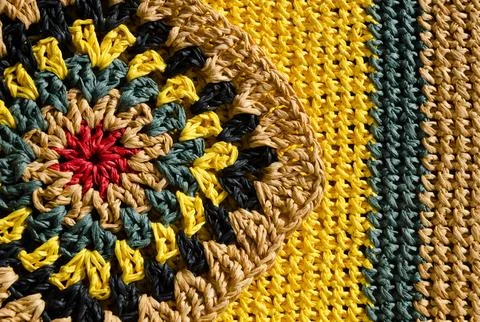 Raffia knitting texture close-up. Knitting from ECO material. Colorful raff.. Stock Photos