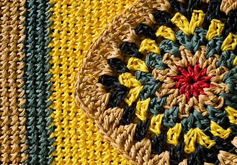 Raffia knitting texture close-up. Knitting from ECO material. Colorful raff.. Stock Photos