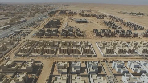 Rafha Housing Project. Large construction project in the desert of Saudi Arabia. Video stock 116409142